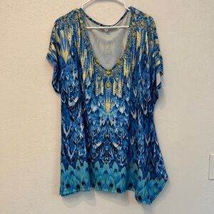 Avenue Blue Graphic Short Sleeve Blouse